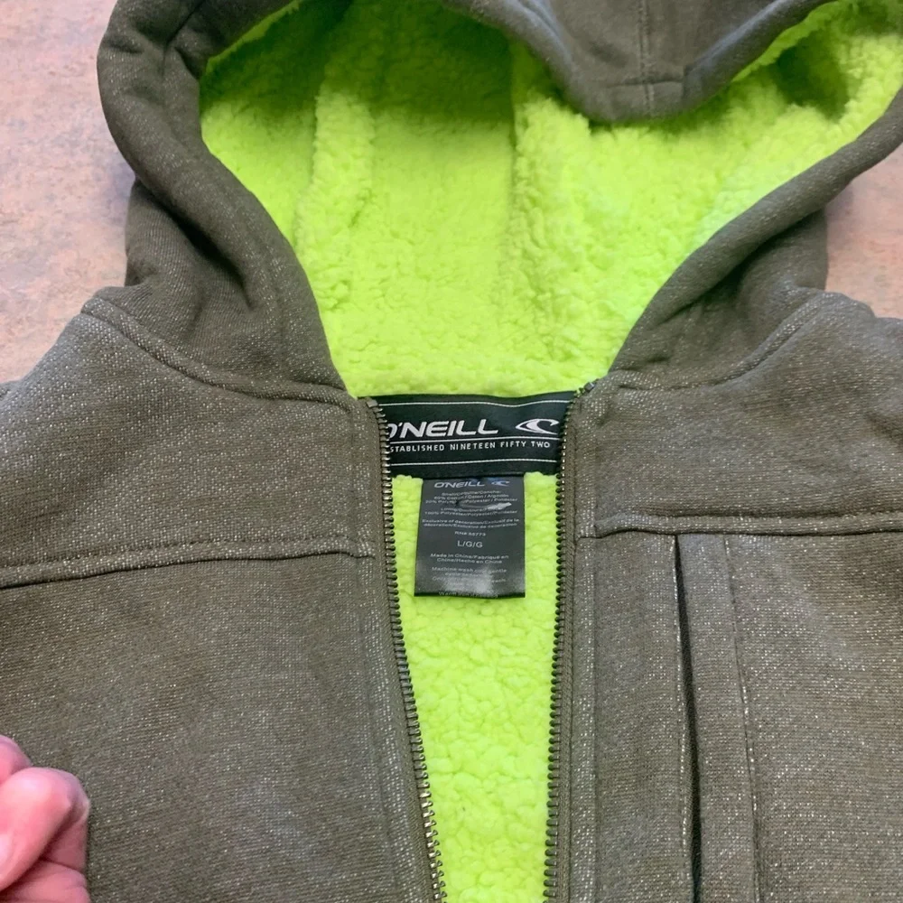 O'Neill Olive Green Zip-Up Hoodie with Lime Green Lining